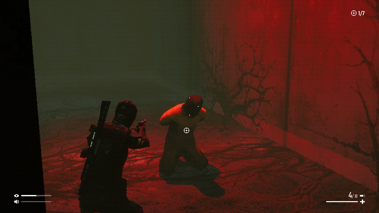 I have located one of my targets found in the level. The target seems to be tied up and their head covered. The room is tinted red and vines are seen growing from the floor up.