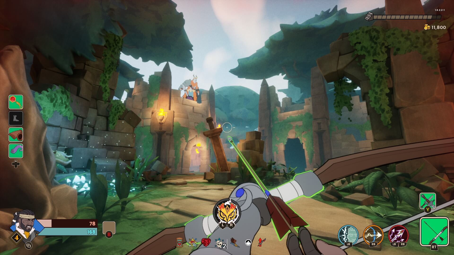 A clearing with ruins surrounded by trees. A giant character stands on the ruins while in the foreground is a bow and arrow being held by your character