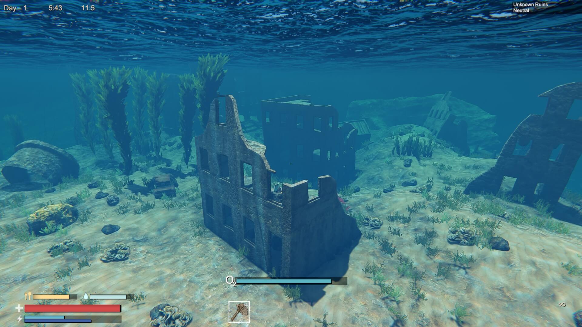 Under the sea in Sunkenland looks beautiful. There are a load of ruins for the player to explore and scavenge from.