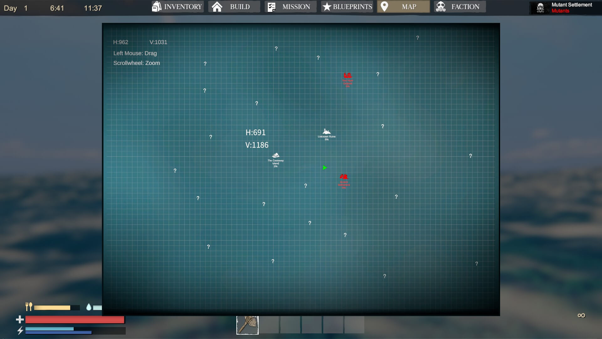 The in-game map that displays undiscovered locations with a question mark. Discovered areas will have a percentage of how much resources are left. Enemy occupied areas are shown red instead of white.