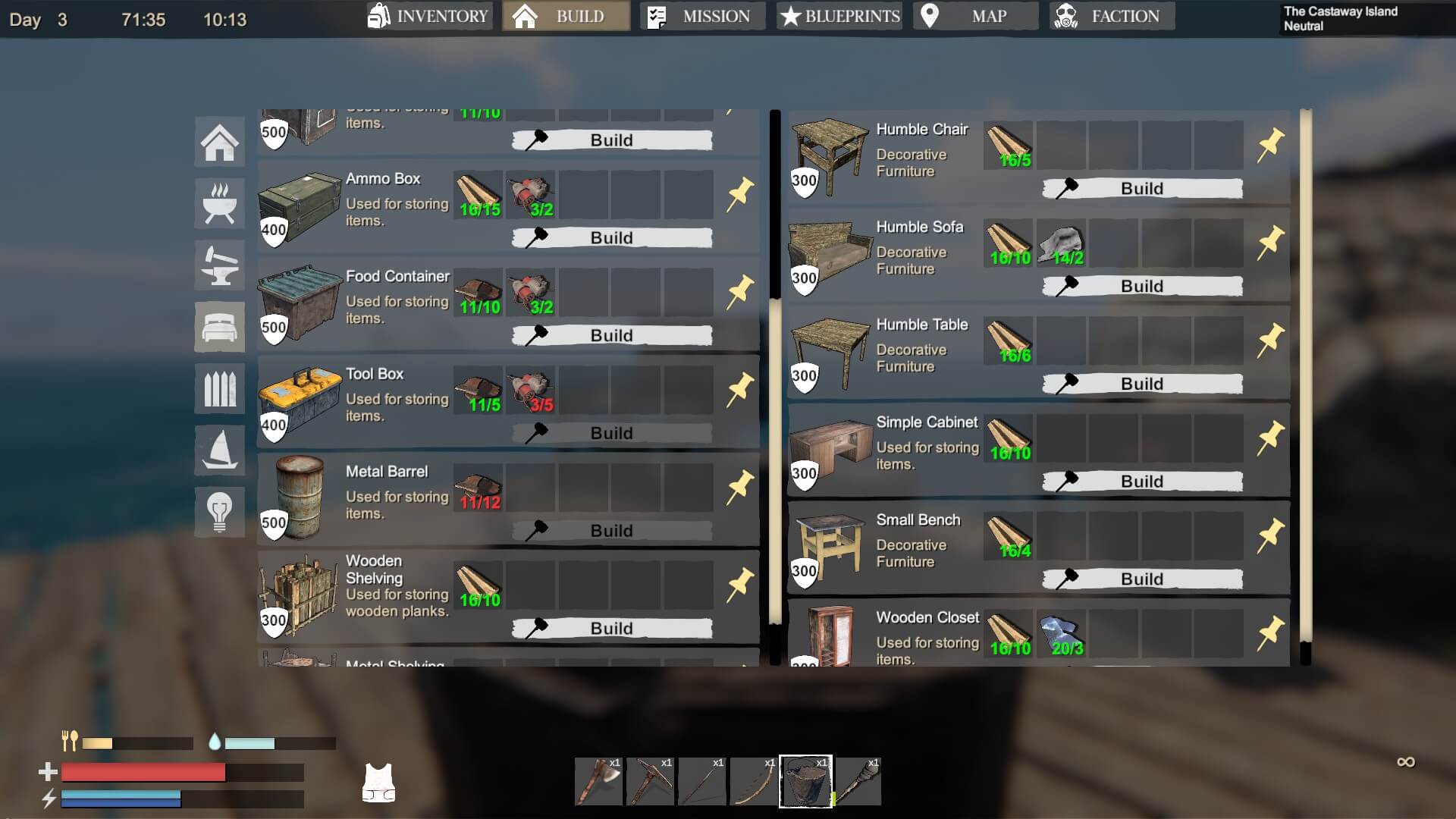 This is only one of the crafting tabs in Sunkenland, of what the players can create. In the picture shown are various types of storage containers and some furniture.