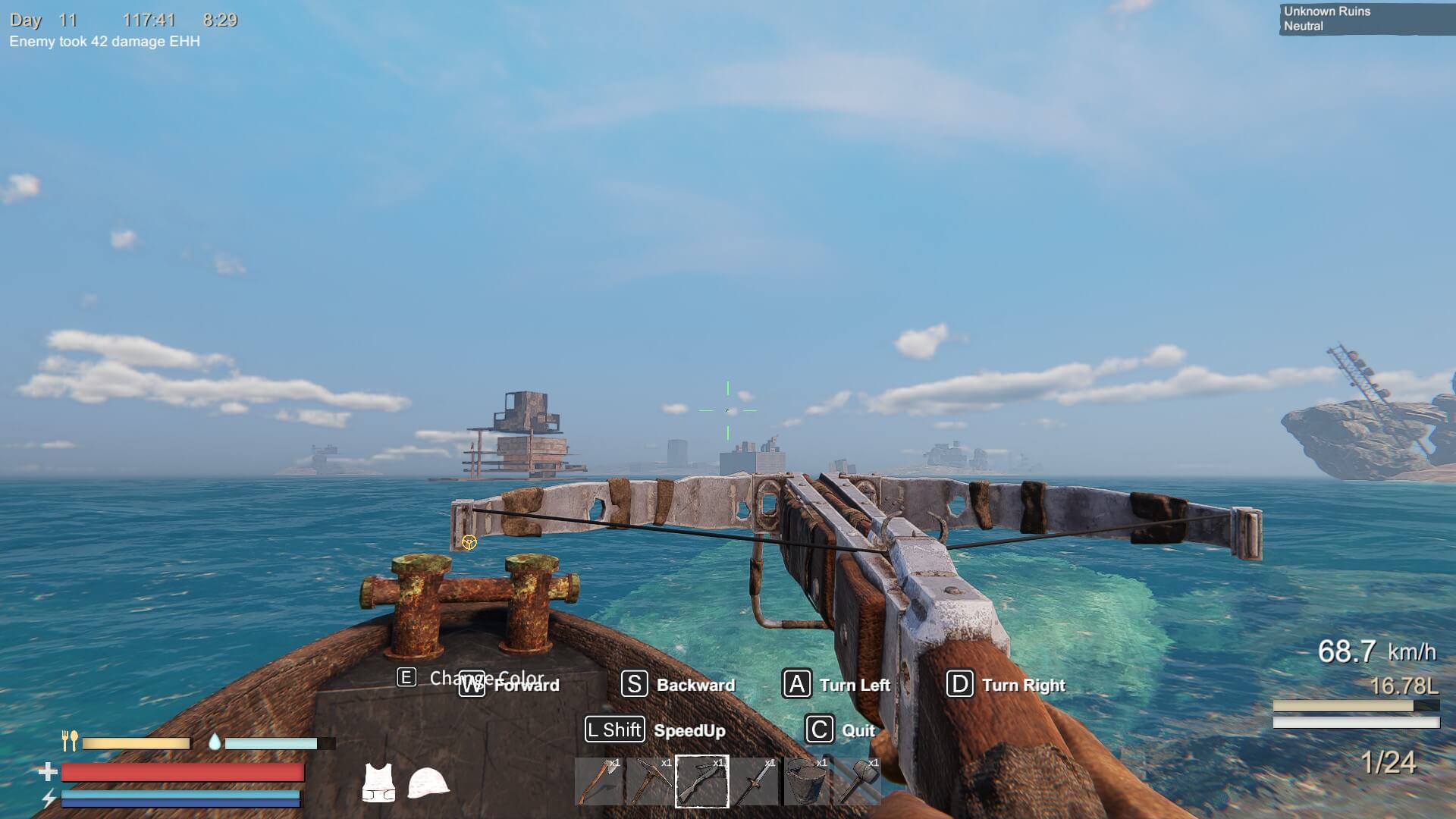 I'm sitting in a boat heading towards a tower that looks like it was made from scrap iron and wood. I currently have my crossbow out. You can see; an axe, pickaxe, ore detector, and spear in my toolbar. My HUD also displays my; health, stamina, thirst, and hunger. 