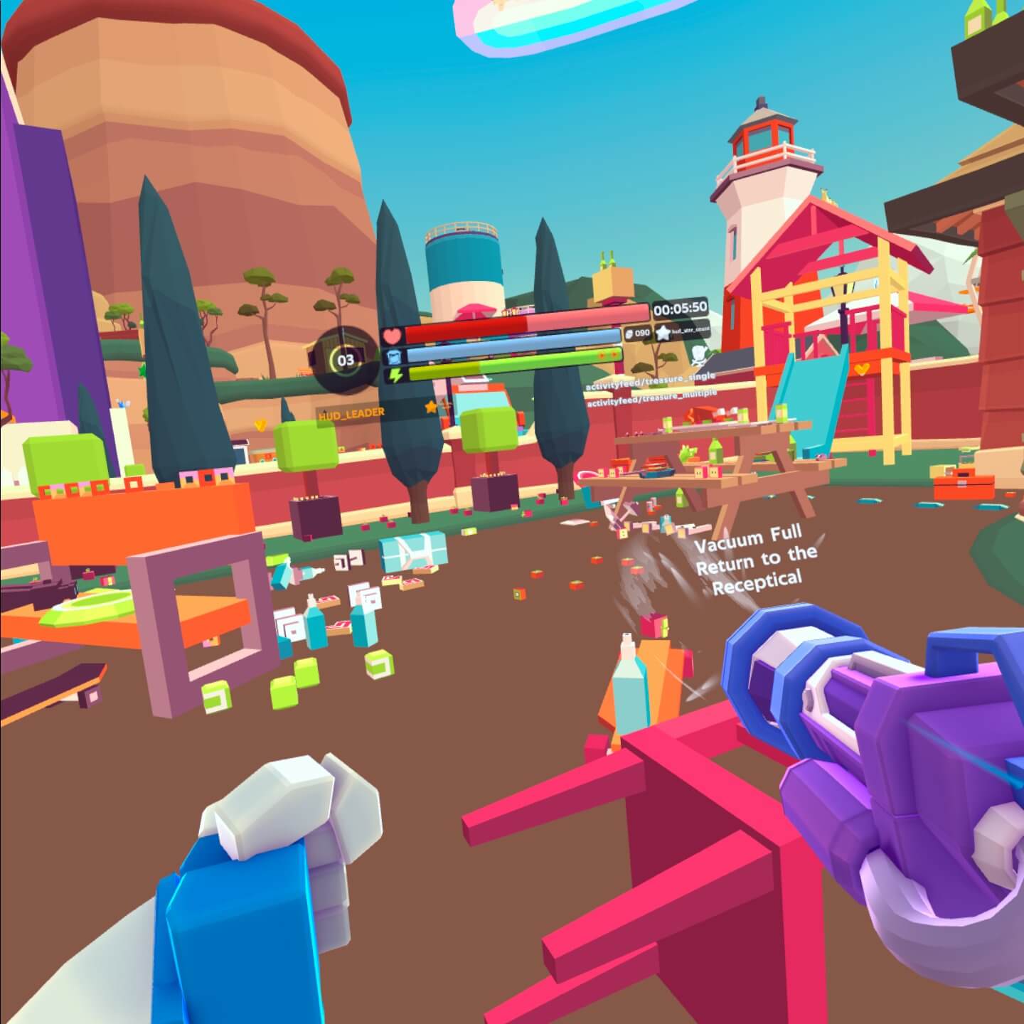 Screenshot of a match in Suck It. It shows a variety of items from chairs, to cans tossed and spread out on the floor. 