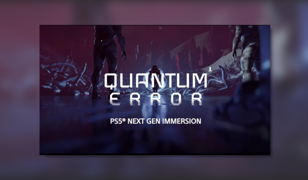 silhouette of a figure facing into a bright light in an alien looking environment in Quantum Error Game on PS5. Overlaid on the image is white text reading " Quantum Error PS5 Next Gen Immersion"