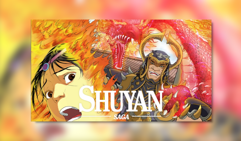 A sinister looking character in Samurai or Mongolian style armor is surrounded by an angry looking red dragon that is breathing fire. A young girl looks on in terror. The Shuyan Sago logo is overlaid in white text, centered at the bottom