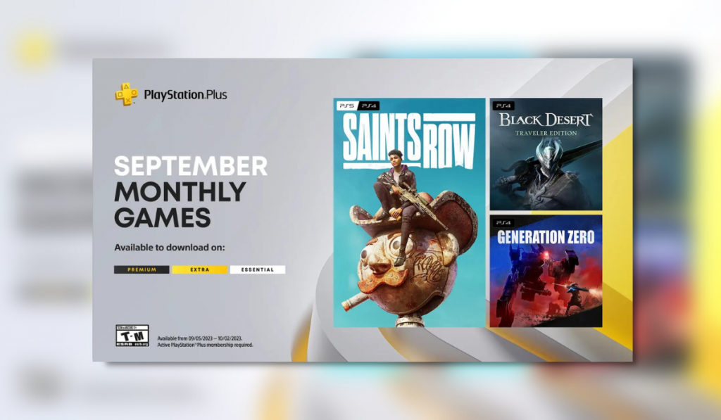 Text reading "September Monthly Games" on the left with logos for ps Plus Tiers - Essential, Extra and Premium below. The right shows cover artworks for games Saints Row, Black Desert: Travelers Edition, and Generation Zero