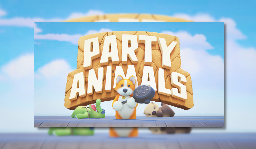 Key art of the video game Party Animals, featuring a bold title in white on a golden-yellow background. A corgi dog is holding a frying pan, a dinosaur and an otter can be seen too, both being knocked out.