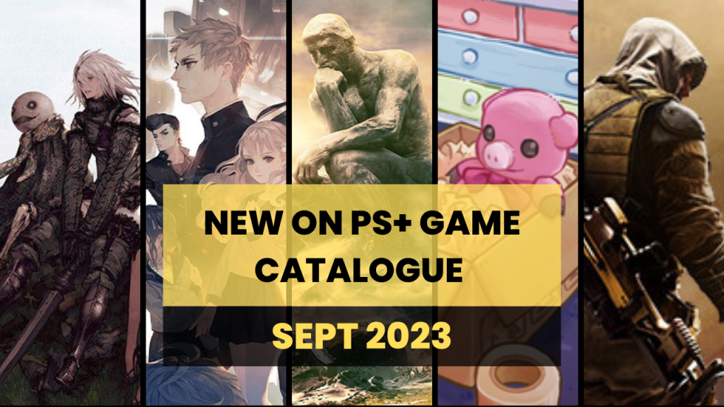 5 of the PS Plus Sept 2023 Game Catalogue game artworks split into 5 vertical columns. Artworks featured are (from left to right) - Nier Replicant, 13 Sentinels Agis Rim, Civilisation VI, Unpacking, and Sniper Ghost Warrior Contracts 2