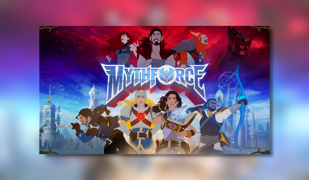 the title image of the Mythforce logo showing retro 80s style cartoon graphics representing all of the characters from the game.