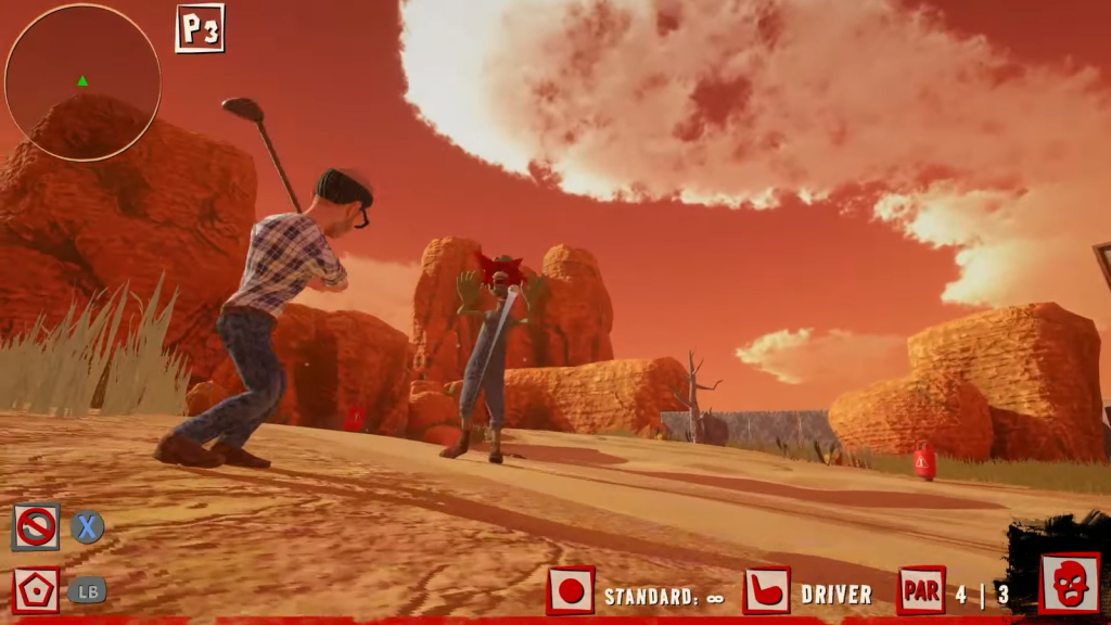 A golfer strikes a ball at a zombies head surrounded by a desolate landscape