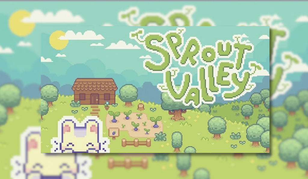 sprout valley featured image showing a nice green farm area and a small character with a yellow sun, clouds as well as trees all over.