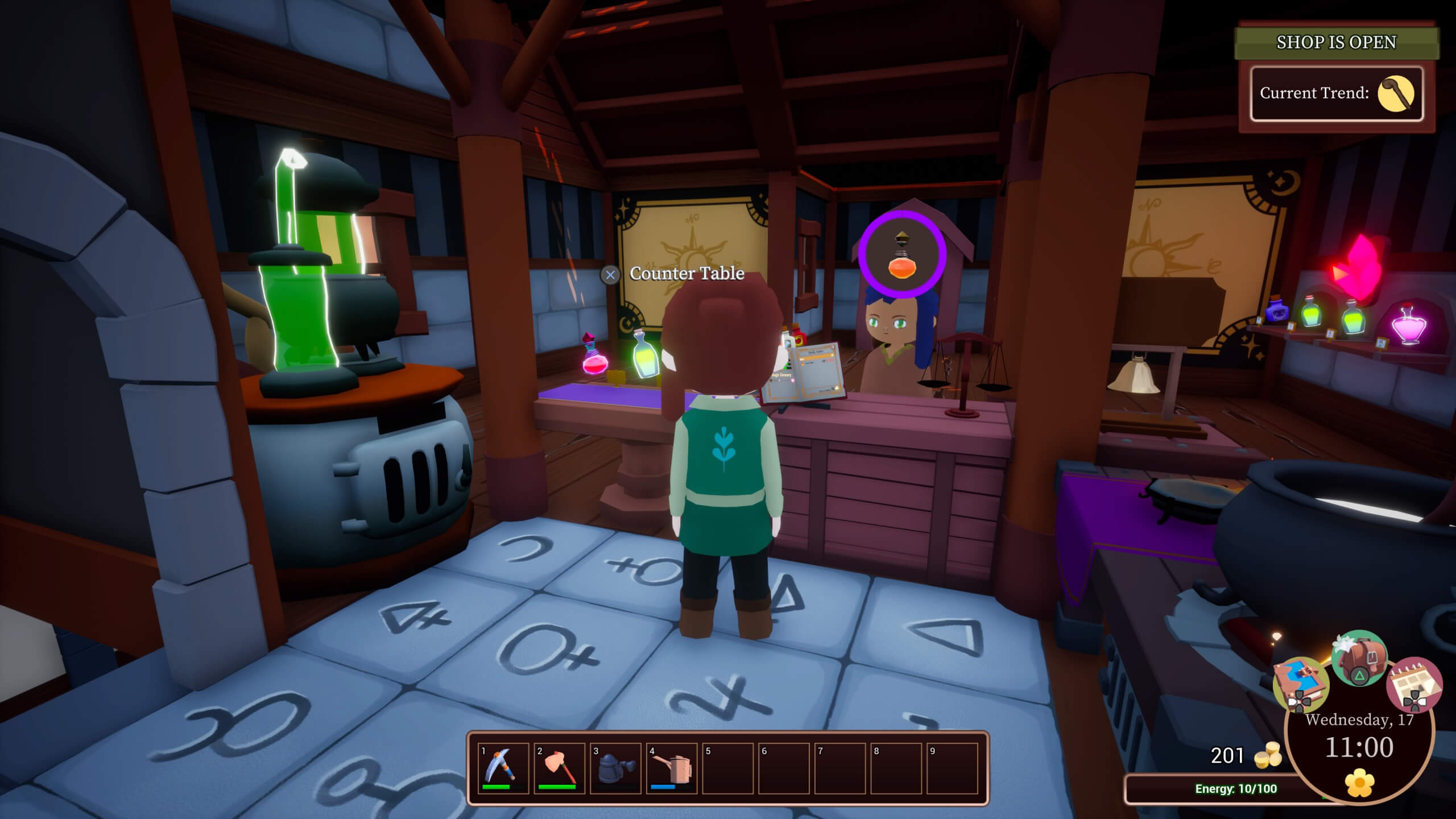 The interior of the shop, with a customer asking for a potion.