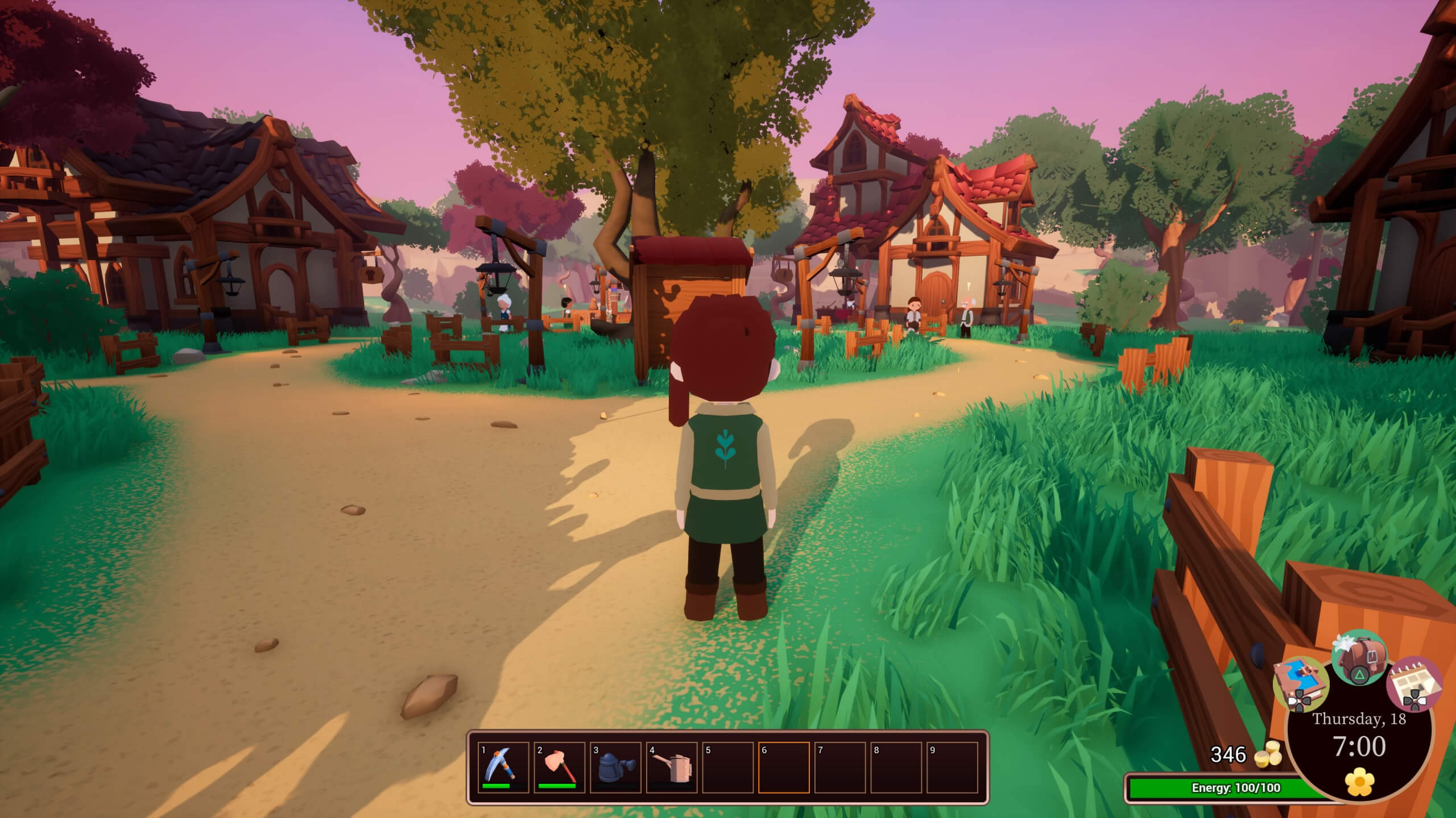 An image showing your Alchemy Garden created character stand in the game's town.