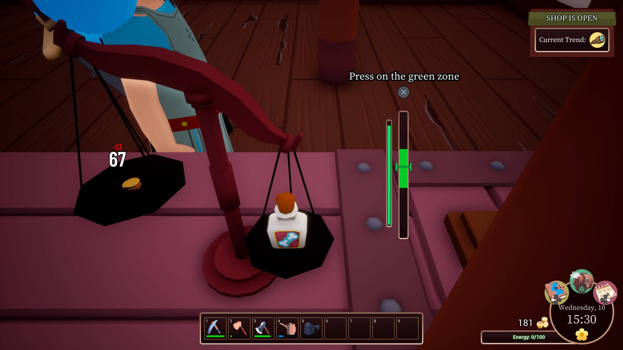 An image showing off the in game haggling minigame which requires you to press x when a line reaches a green bar.