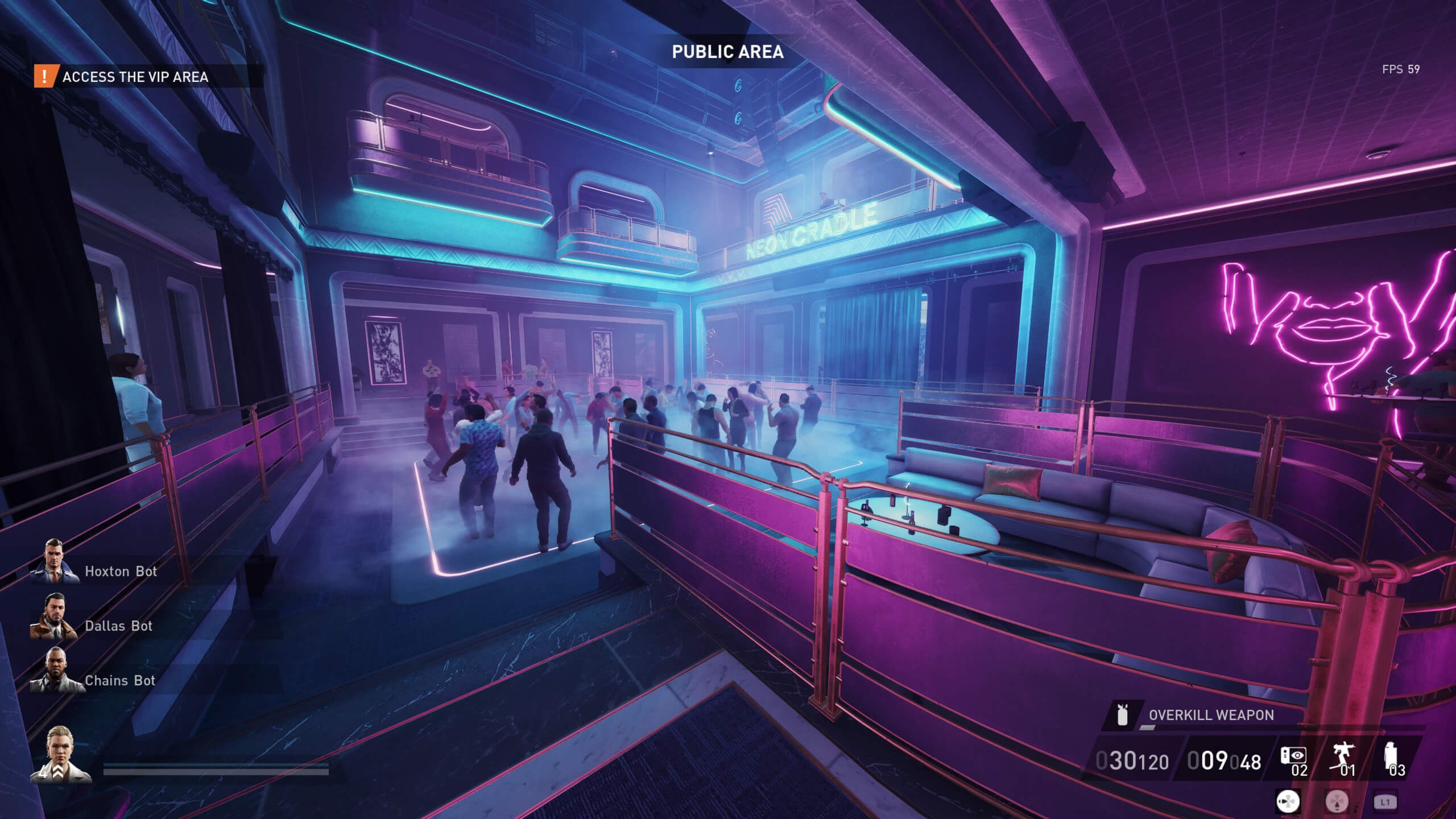 An image showing the in-game nightclub of Payday 3, the player is maskless and NPCs are dancing.