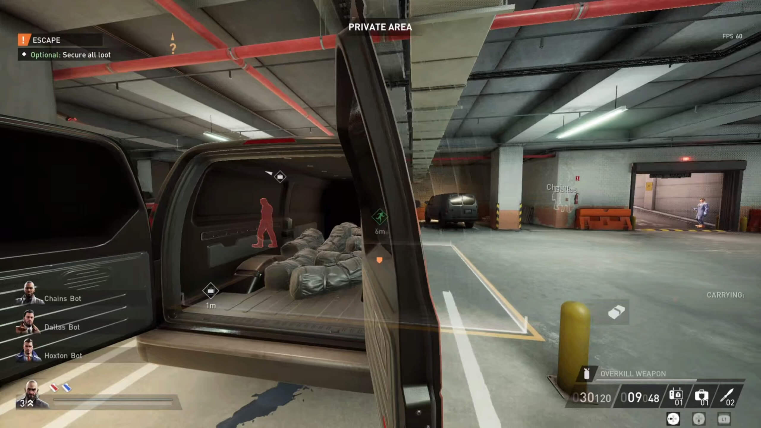 The image shows a van full of loot and the player character is unmasked.