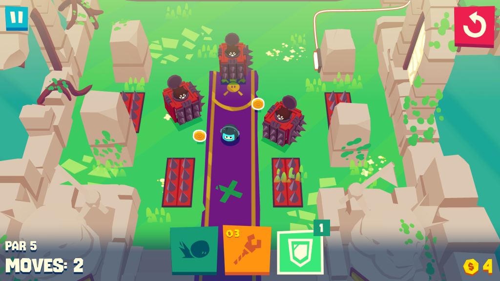 Another example of a hole. This time Cal is using the shield power-up and is shown wearing armour. Surrounding Cal are 3 Bogeys in cube-like tanks, covered in spikes. There are also several spike traps on the ground throughout the scene.