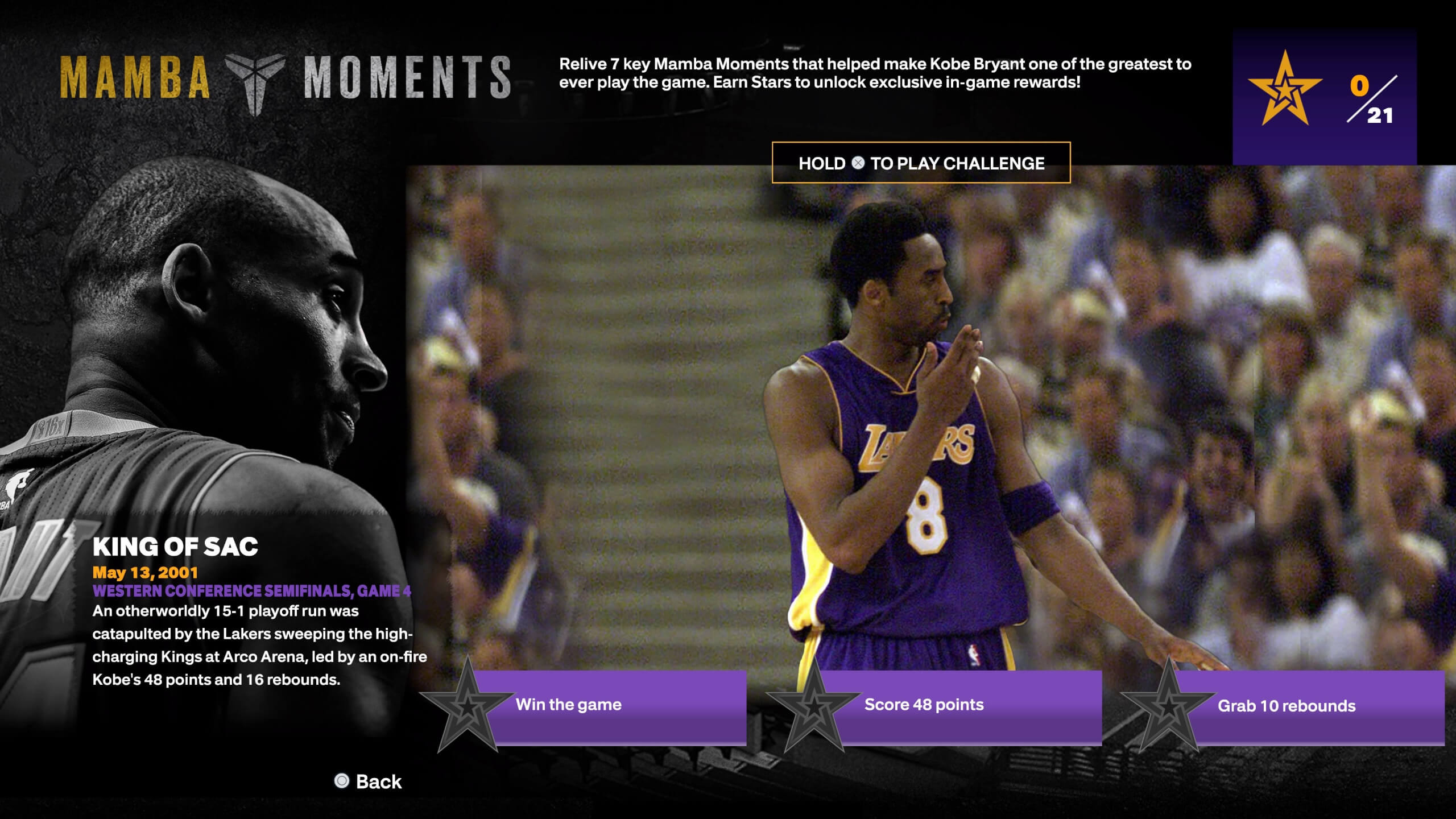 This is a picture of the game mode Mamba Moments - it shows the challenges at the bottom for this game