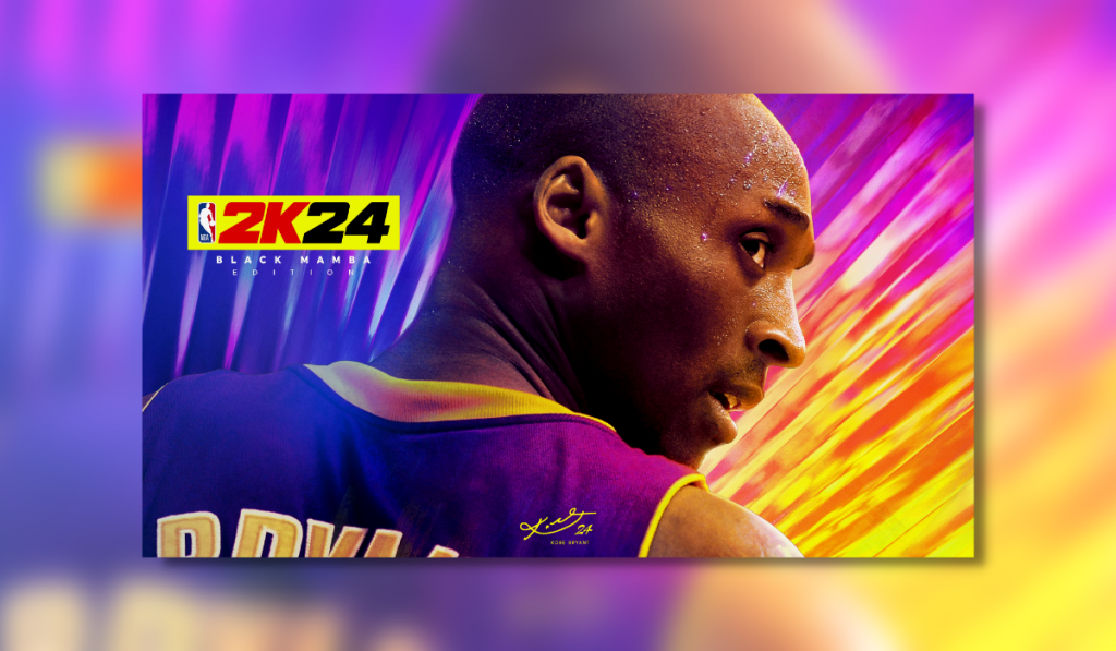 Cover photograph for NBA 2K24, showing a picture of Kobe Bryant looking behind.