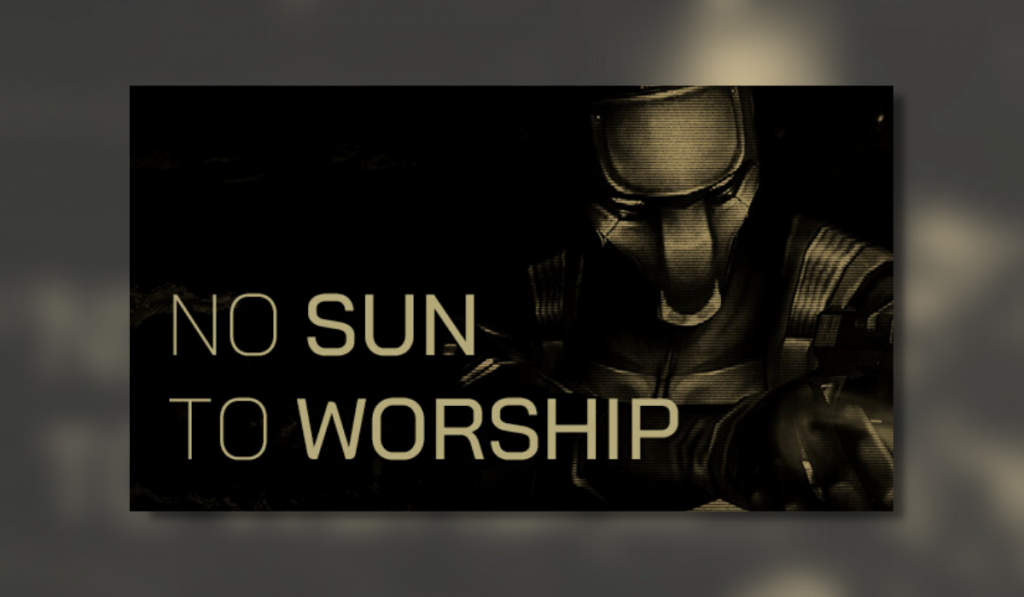 The feature image for the game No Sun To Worship. In display is the main character pointing his gun to the right. The title text has the words Sun and Worship coloured in while the No and To are shaded. the overall colours used are black and yellow.