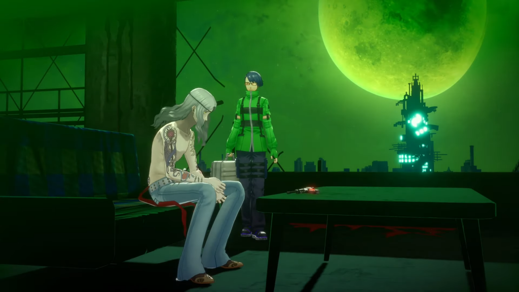 Strega members Takaya and Jin meet in an abandoned building. Takaya sits in front a table with a gun sat atop it. Jin is standing in the background holding a metal briefcase. In the distance beyond the building, a full moon, heavily tinted green can be seen dominating the night sky above the city.