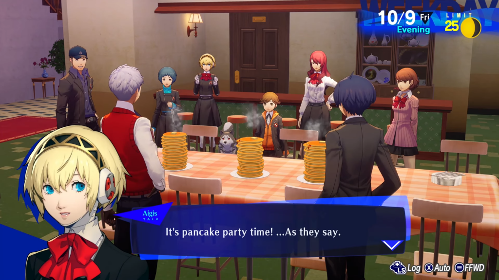 Several of Persona 3's protagonist group S.E.E.S (Specialized Extracurricular Execution Squad) stood around a large dinning table. On the table are 3, large stacks of pancakes. The UI shows Aigis is saying "It's pancake party time!... As they say".