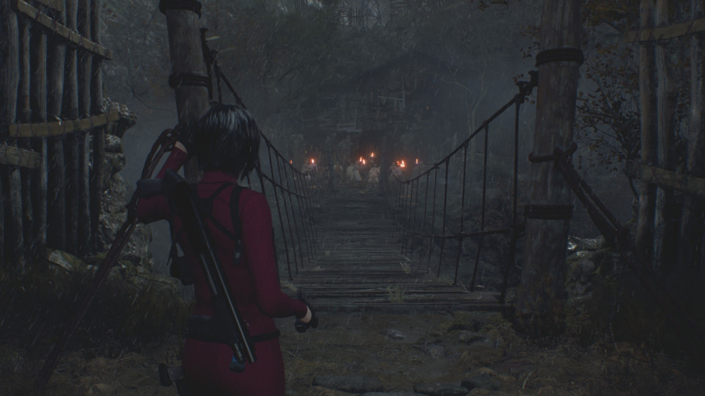 Ada looks at the other side of the rickety wooden bridge with the dozens of enemies on the other side