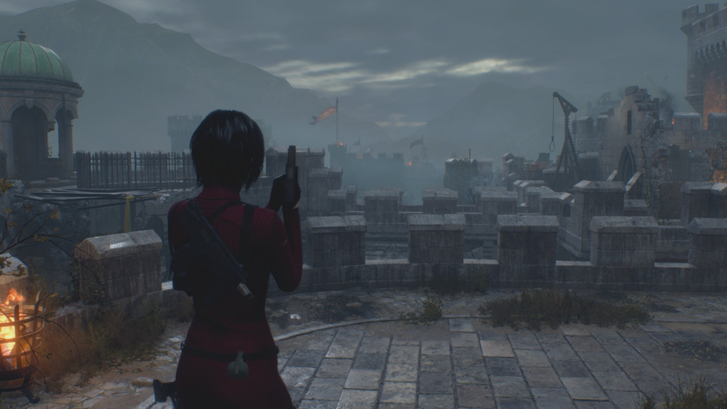 Ada Wong looking at the skyline from walkway of a castle