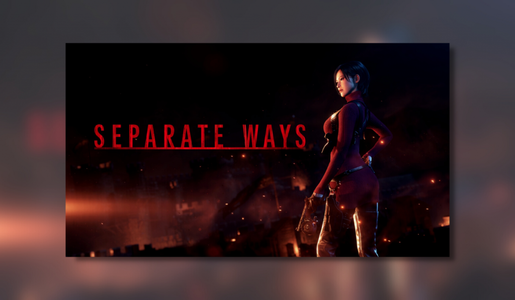 Ada Wong looking upon the local town on fire at night