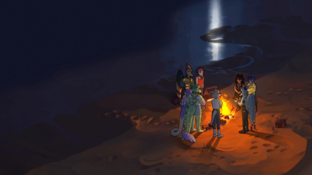 A group of anthropmorphic bi-pedal dinosaurs stand around a campfire on a beach at night. The moonlight is reflected in the water behind them. A pizza box, case of beer and scattered beer cans can be seen among and around the figures