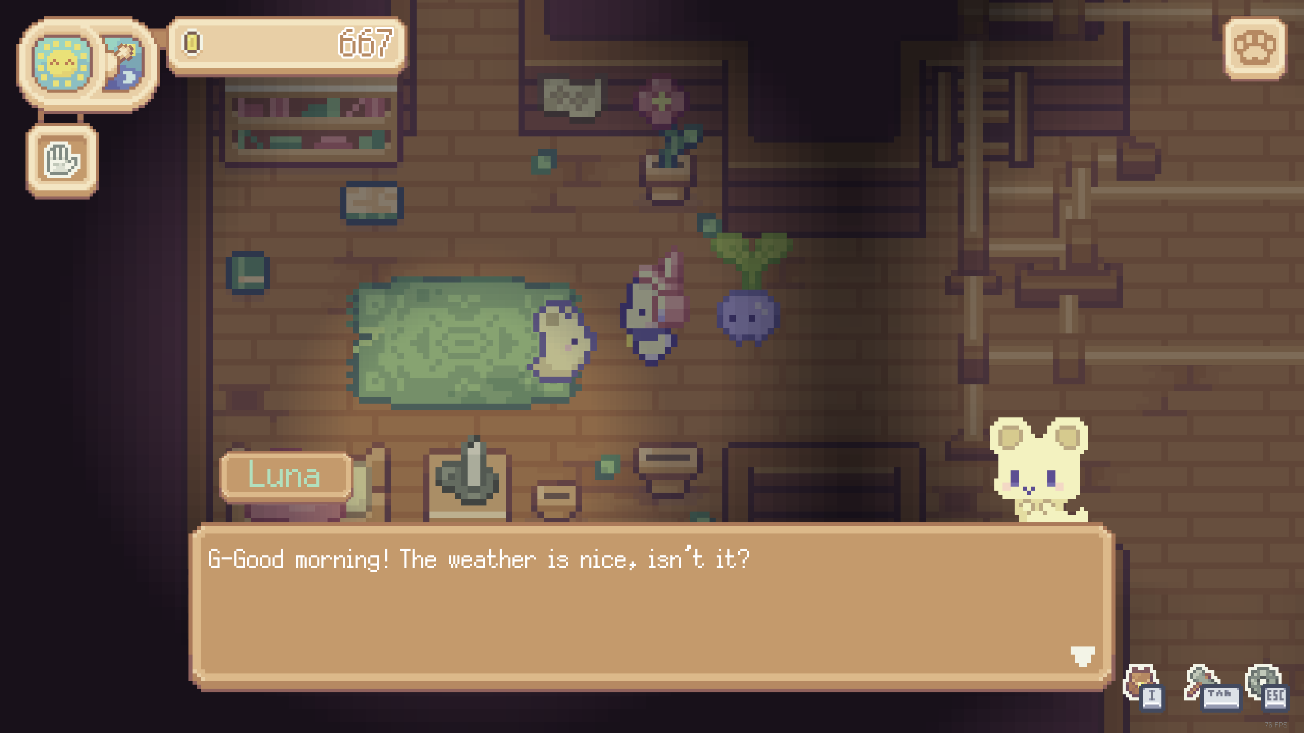 showing some early-game dialogue from Luna which says "G-Good morning! The weather is nice, isn't it?