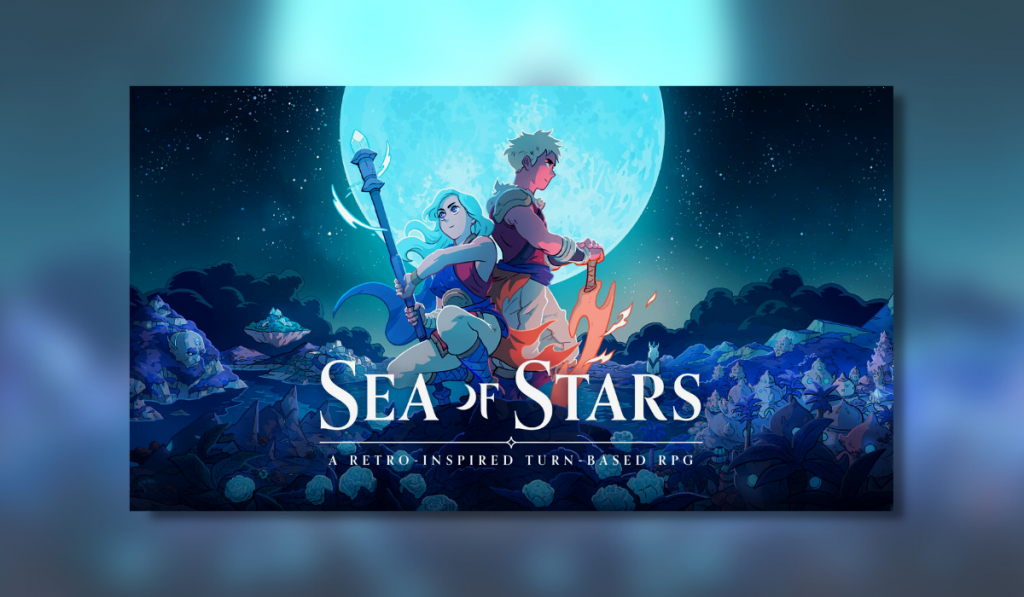 sea of stars featured image, showing 2 characters holding weapons in front of a large moon