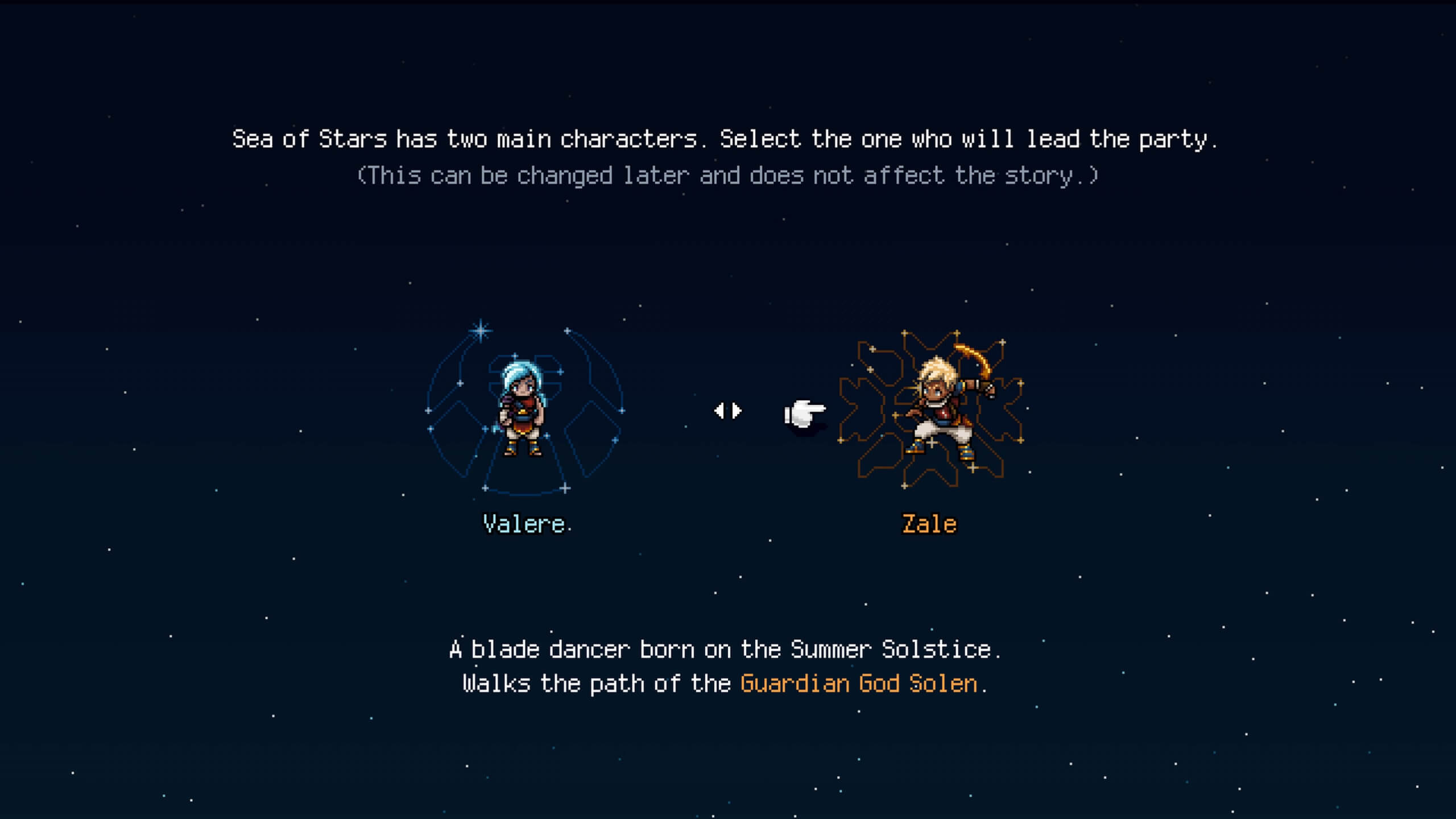 The game ask the player to select one of the characters to lead the party. from the upper text this doesn't matter apart from preference on who leads. behind both characters is a star sign one for the moon the other for the sun. The text below explains a little of the current highlighted character.