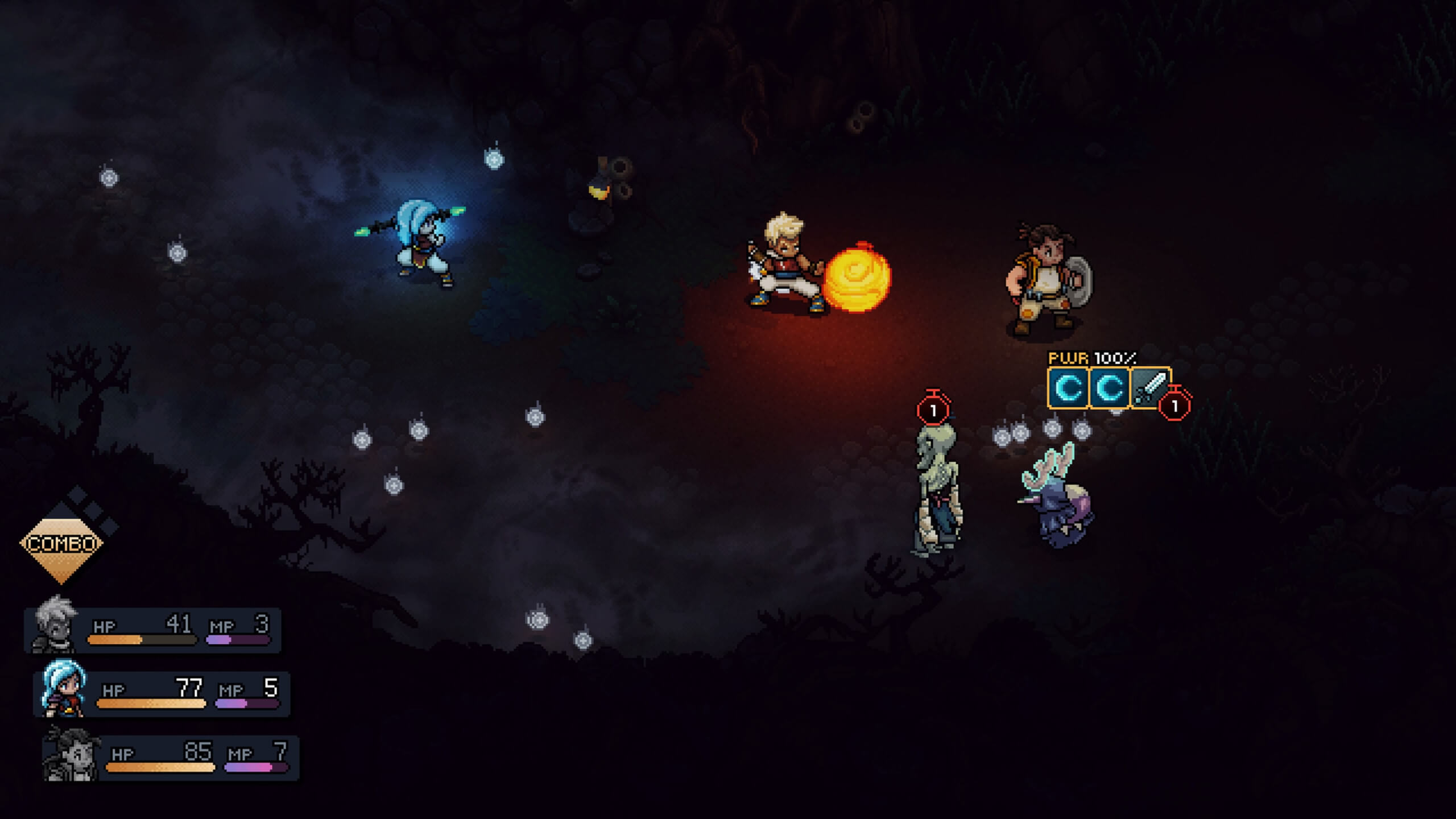 The screen is dark and one of my characters has charged up a small sun to throw at the enemies. One of the enemies have activated there special move. Several Live Mana can be seen floating around.
