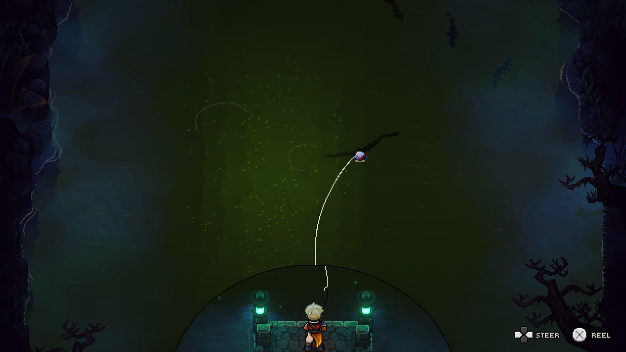 I am fishing at one of the small lake areas found in the game. I have nearly caught the long looking silhouette in the green lake.