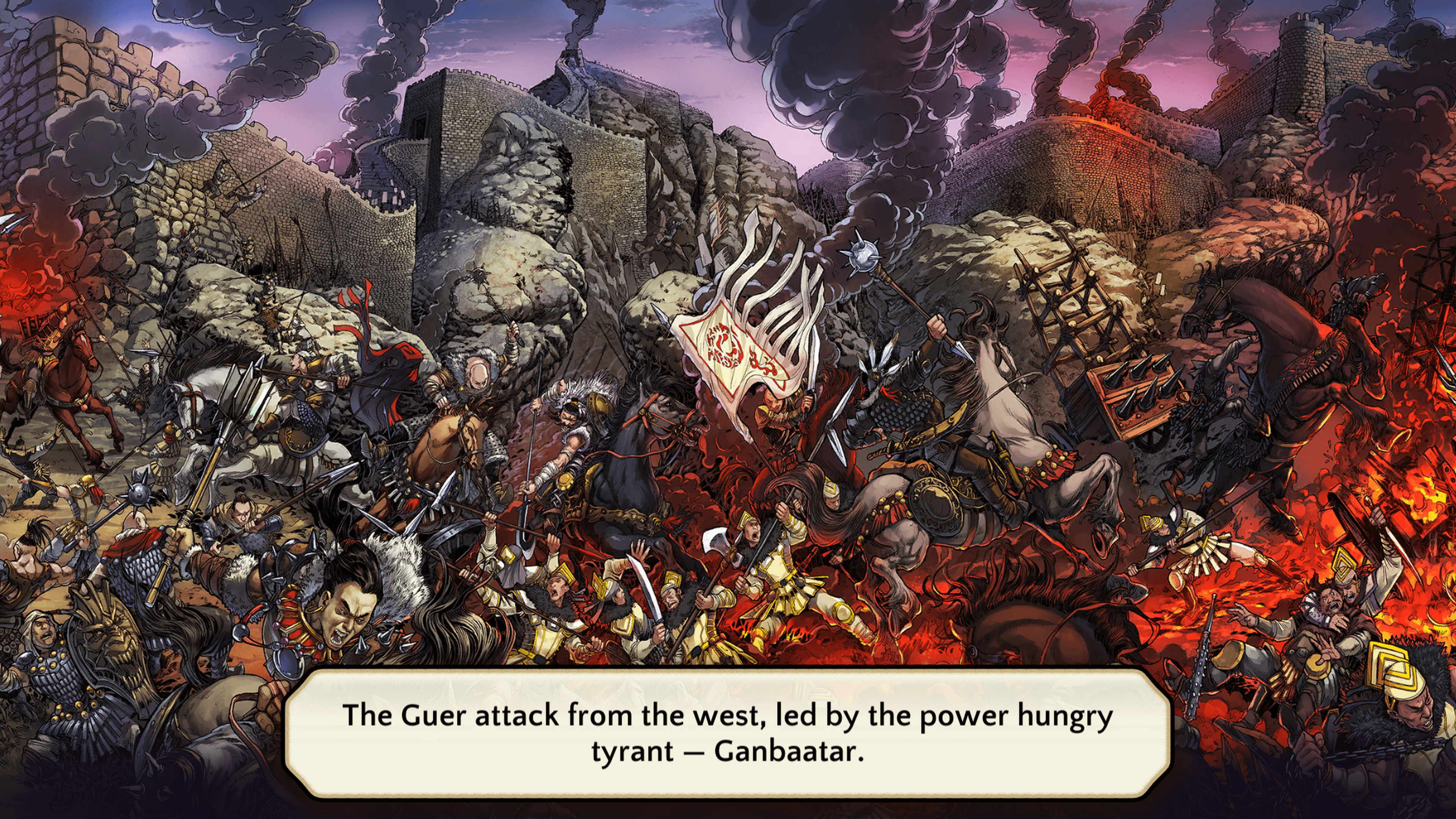 An epic battle plays out as an invading force attacks an ancient Chinese kingdom. It's a grim scene showing a lot of violence death and destruction in Shuyan Saga on PS5. A dialogue box at the bottom reads "The Guer attack from the west, led by the power hungry tyrant - Ganbaatar."