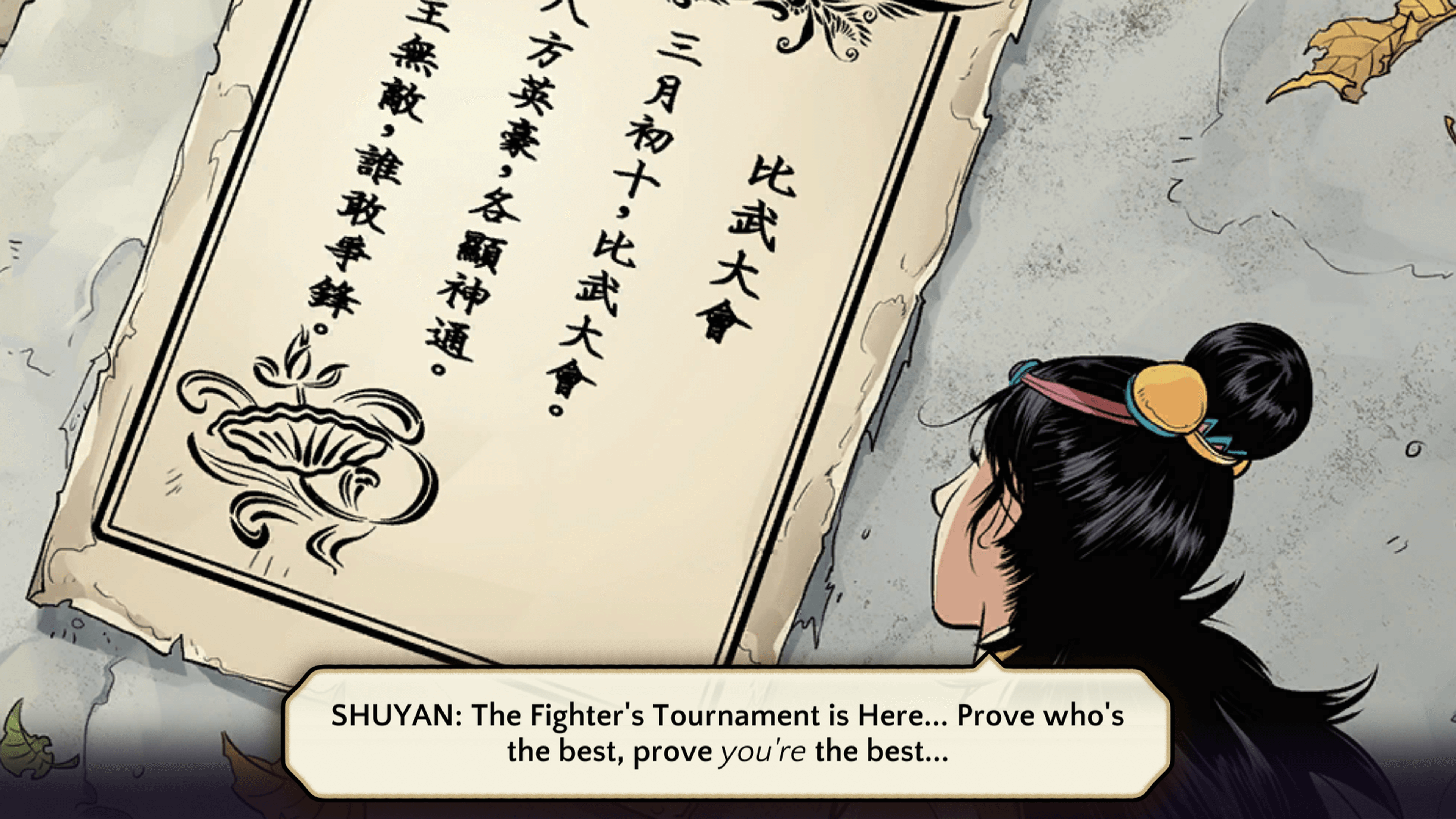 A young girl looks at a poster on a concrete wall. The poster has Chinese text on it and is translated in a dialogue box below "The Fighter's Tournament is Here... Prove who's the best, prove you're the best..."