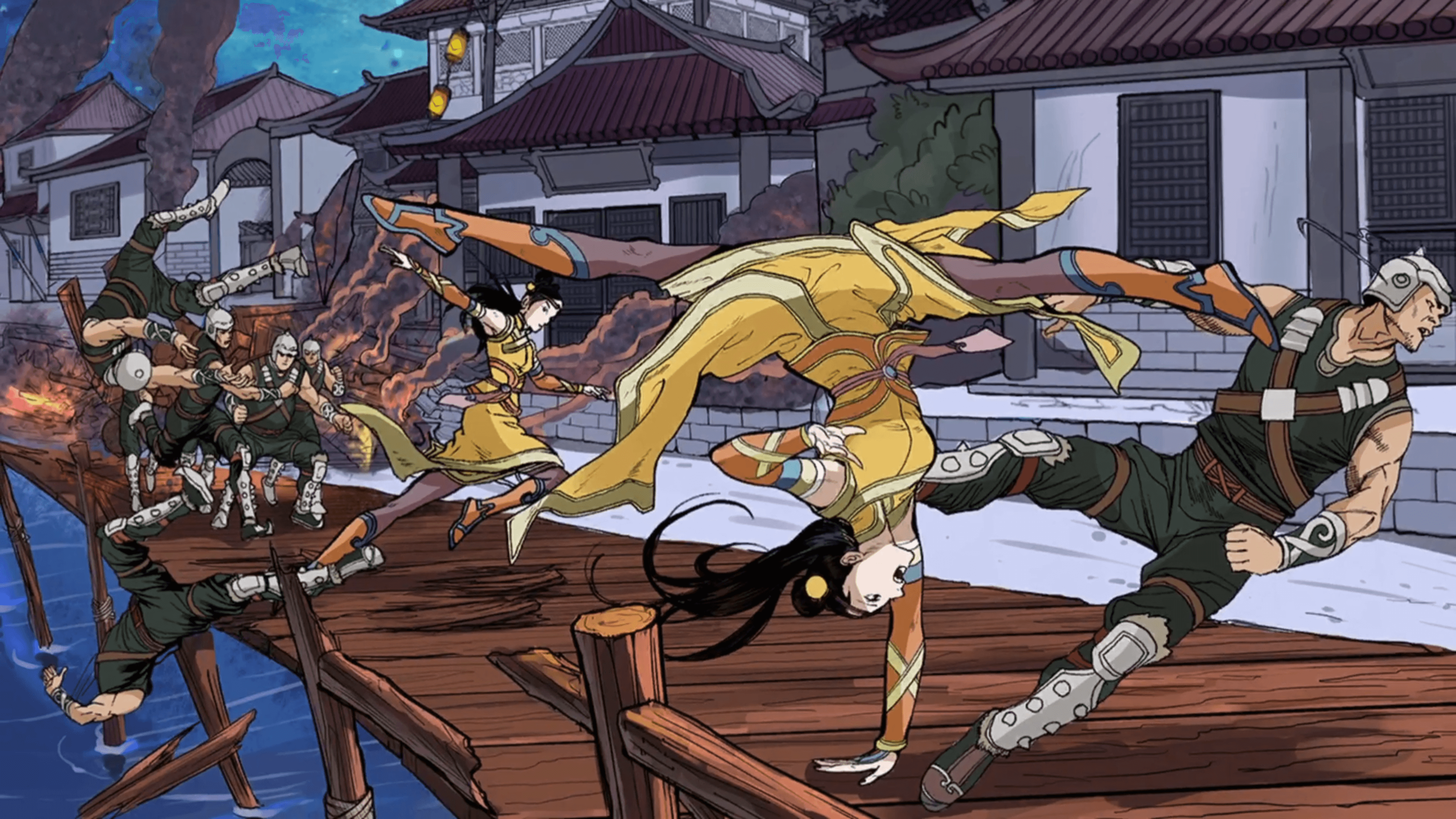 A young girl being perused by a group of soldiers on a wooden pier delivers an inverted spinning kick to a soldier as she performs a sort of one handed cartwheel. The girl is dressed in a flowing yellow and orange outfit. The background shows traditional Chinese style dwellings