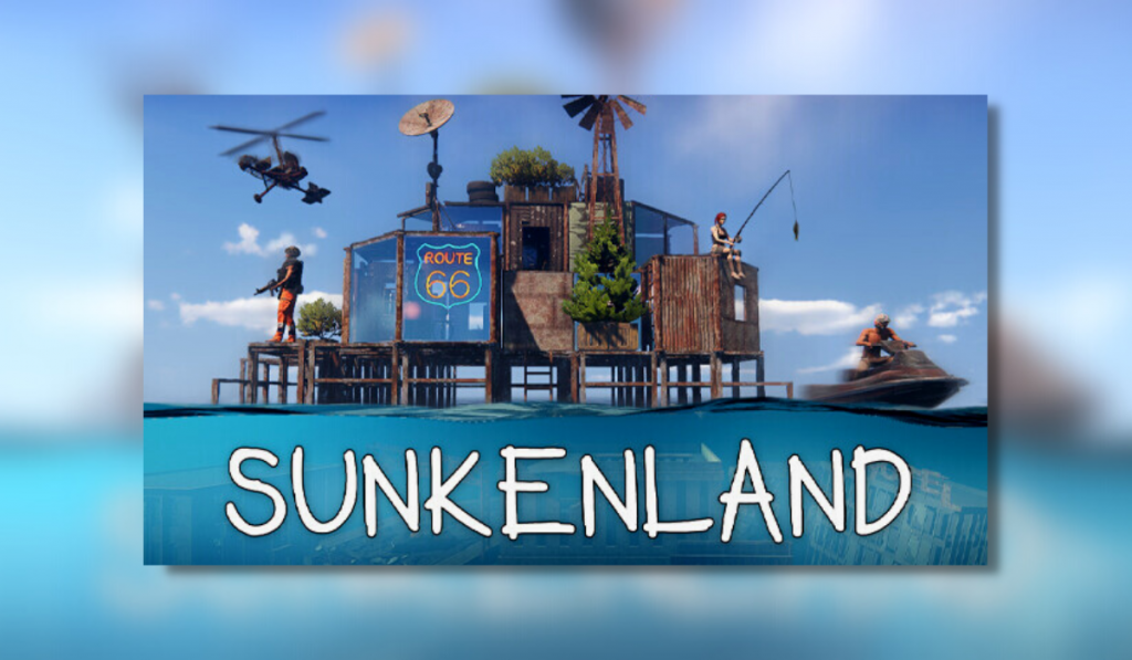 The feature image for Sunkenland. The image shows a makeshift home created from various metals and wood. A person seems to be standing on a pier as a flying machine resembling a helicopter flys over.