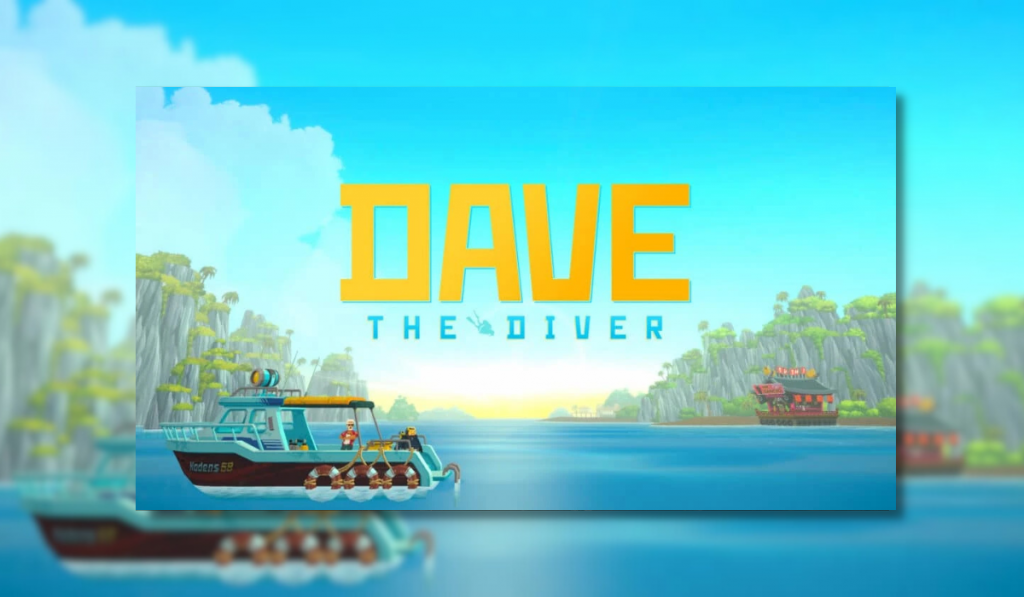 Feature image for dave the diver. A pixel art scene of a fishing boat in the bottom left of the image sat on a deep blue body of water at dusk. There are forests either side.
