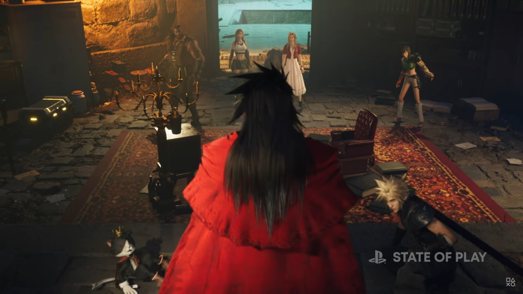 A screenshot from Final Fantasy 7 Rebirth showing Barret, Tifa, Aerith, Yuffie, Cait Sith and Cloud standing in a darkened candle lit room facing Vincent Valentine.