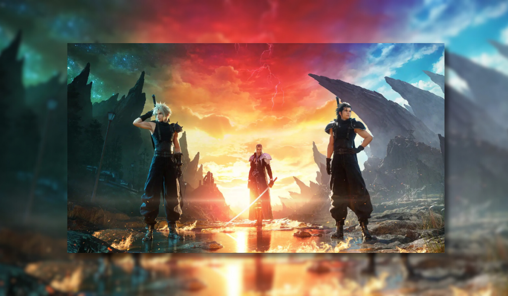 A promo image from Final Fantasy 7 Rebirth showing Cloud and Zach standing in a rocky valley with Sephiroth between them in the background.