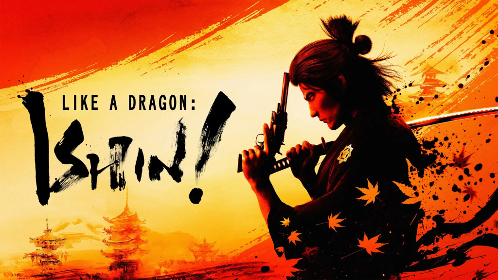 Feature image for Like a Dragon Ishin. Background features a sillhouette of an Edo period Japan with Ryoma in the forground wielding a revolver and a katana.