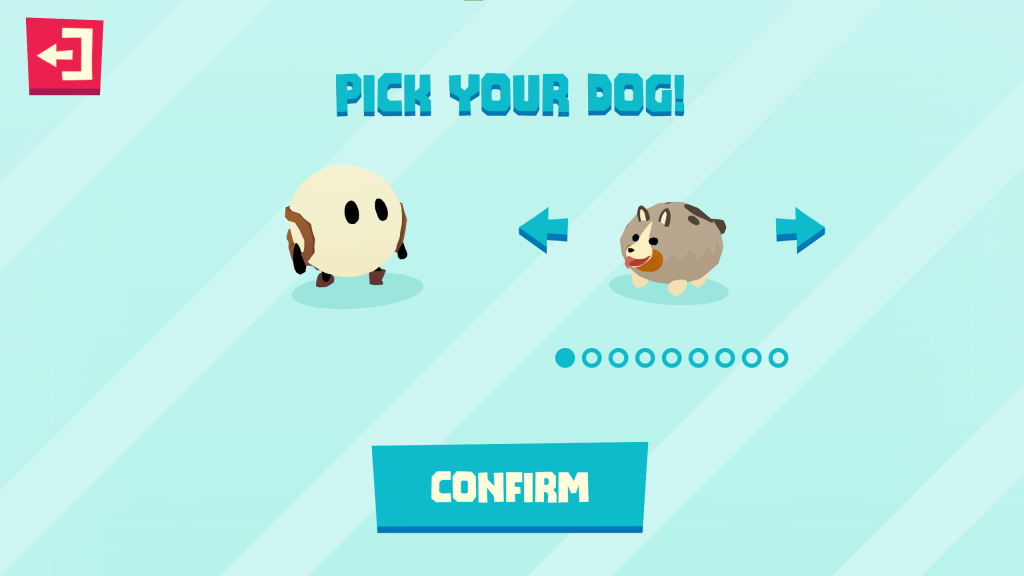 Dog selection screen in Par For The Dungeon. Allows the user to select their dog from several choices.