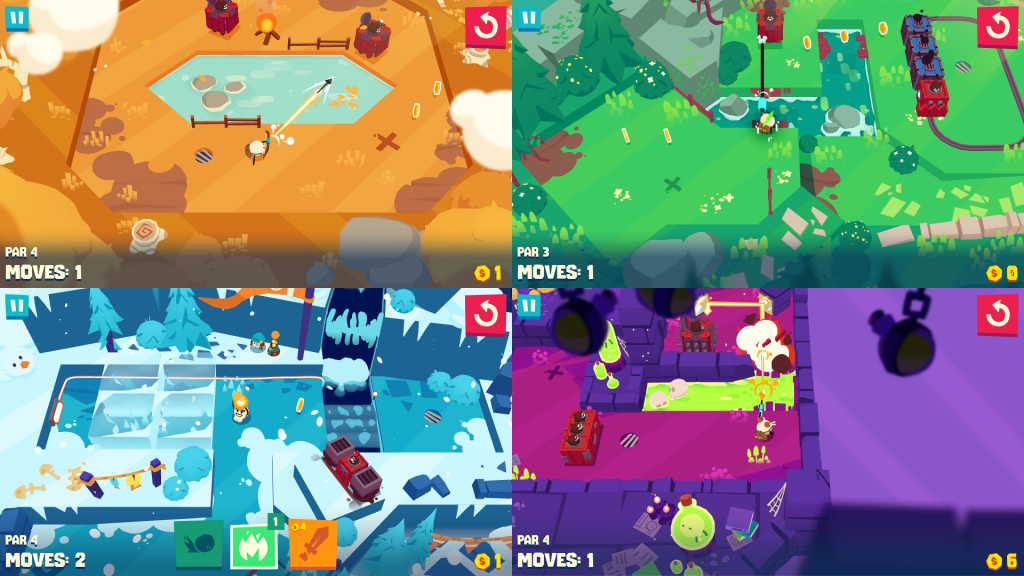 An example hole from each of the 4 worlds, shown in the four corners of the image. Orange coloured Ball Land in the top-left, Green coloured Castle Caravan top-right, blue Icy, Icy Mountain bottom-left and purple There Be Wizards bottom-right.