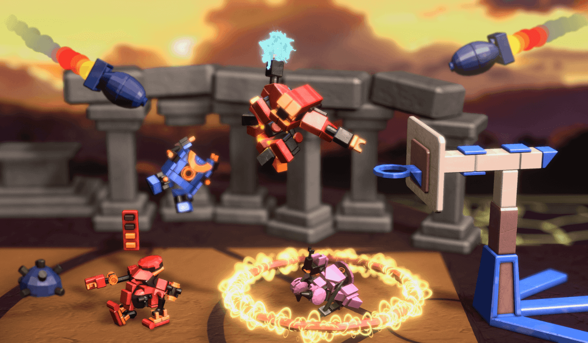 An image showing off many of the aspects of Robodunk: a robot hoisting a sparking electric ball above it's head, rings of fire below them, multiple missiles heading their way, all amid the backdrop of an ancient looking basketball arena. In the bottom left, a teammate charges their own jump next to a cartoonish landmine.