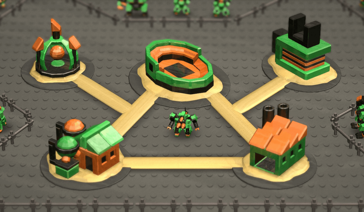 A green robot stands amid 5 distinct buildings, all connected by yellow paths. At each end of the path lies a building - a factory, a lab, a strange-looking archives building, a teleporter, and, in the center, an arena. All are green like the robot, as are the other robot fans behind the fences.