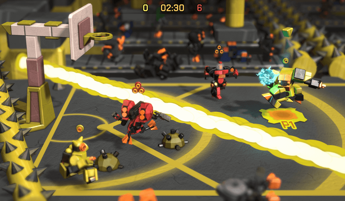 A hectic looking scene of a match between a yellow team and a red team. The yellow team has the ball, and the red team is on their way to tackle the ball-carrier. A bright yellow laser is bisecting the arena, and the yellow player in the bottom left is dropping landmines to deter their pursuer.