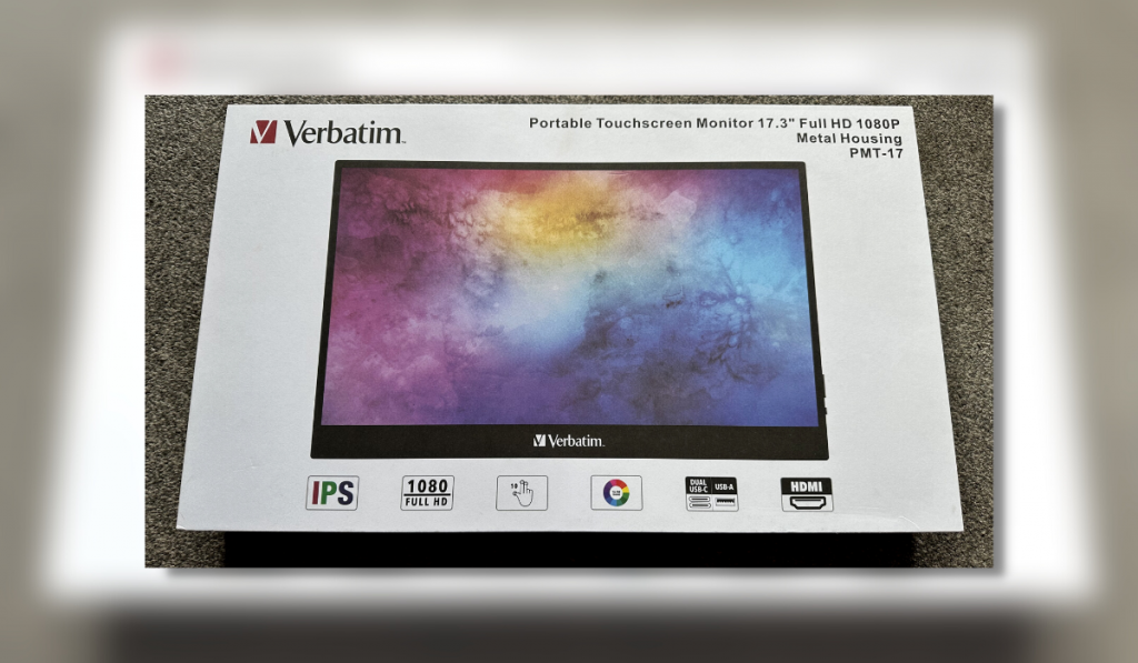 Verbatim monitor in box. Box swhows the image of the 17.3 inch portable touchscreen monitor.