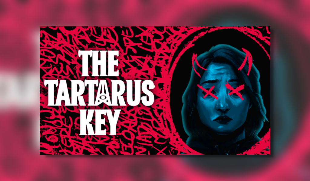 The header image for The Tartarus Key. It features a background of red graffiti with a young girl's face in grayscale to the right. Her eyes are crossed out in red and devil horns have been drawn on her head.